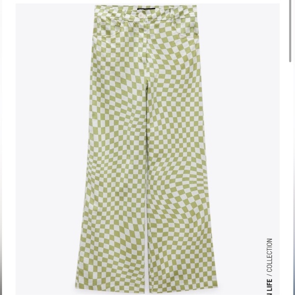 BRAND NEW W/ TAGS Zara White and Green Checkered Linen Pants Size L - Picture 2 of 9